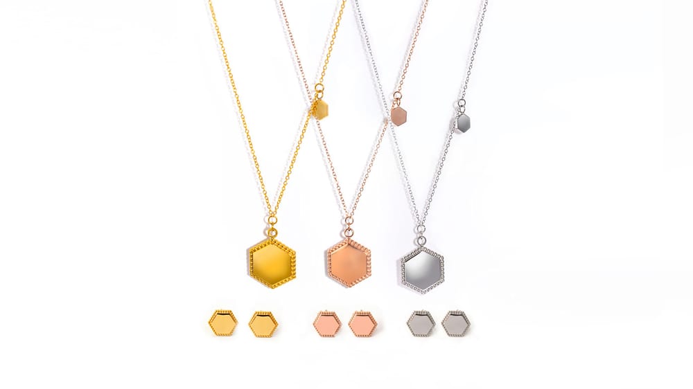 Popular stainless steel hexagonal multi -color earrings necklace women’s set