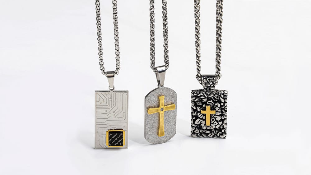 Men’s stainless steel tag pendant necklace, gold -plated Christian cross engrave tag necklaces