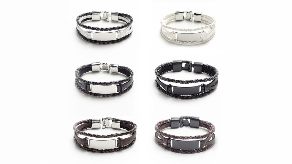 Customized men’s leather rope bracelet engrave stainless steel bar bracelet