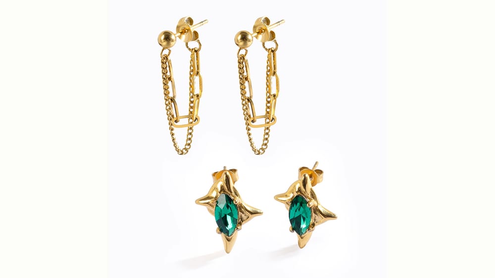 18K gold plated stainless steel chain earrings green crystal stud earrings manufacturer