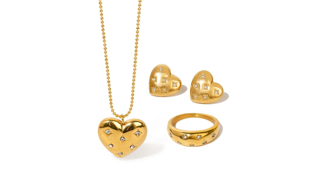 Classic heart -shaped gold -plated stainless steel crystal set Women’s jewelry
