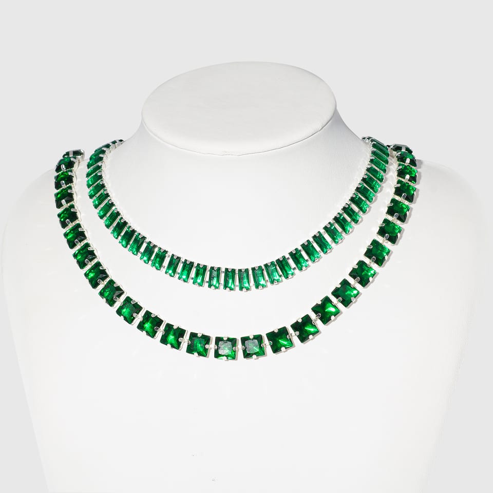 Emerald Green Necklace Women’s Emerald Choker Baguette Necklace Emerald Cuban Chain Silver Tennis Party Necklace Jewelry | SXS