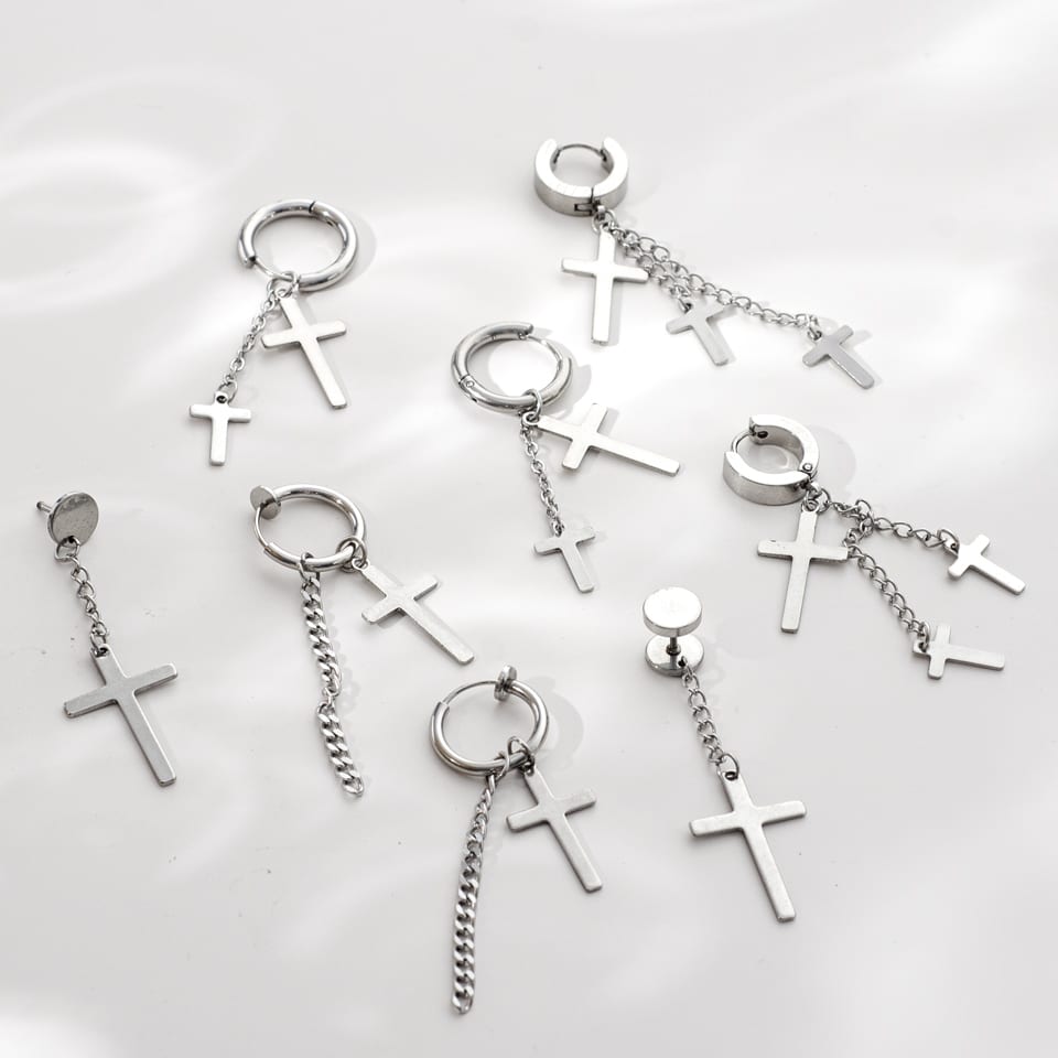 Stainless Steel Cross Drop Huggie Earrings | SXS