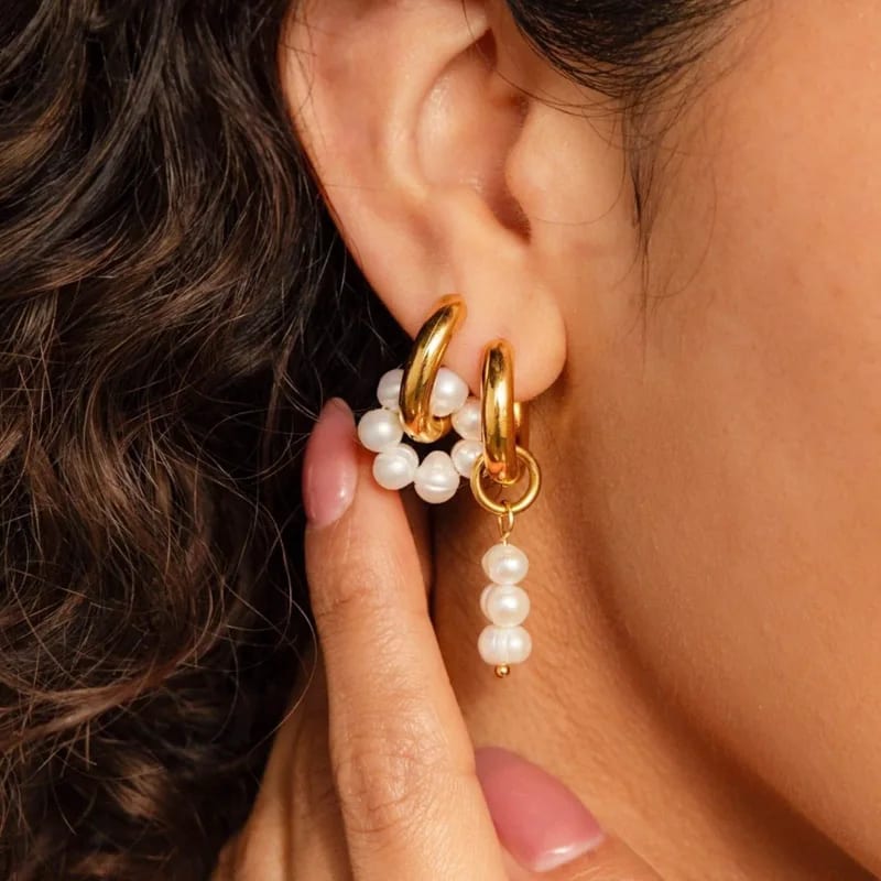 Wholesale Custom Fashion Jewelry 18k Gold Plated Mismatched Natural Freshwater Pearl Drop Hoop Earrings For Women Earrings