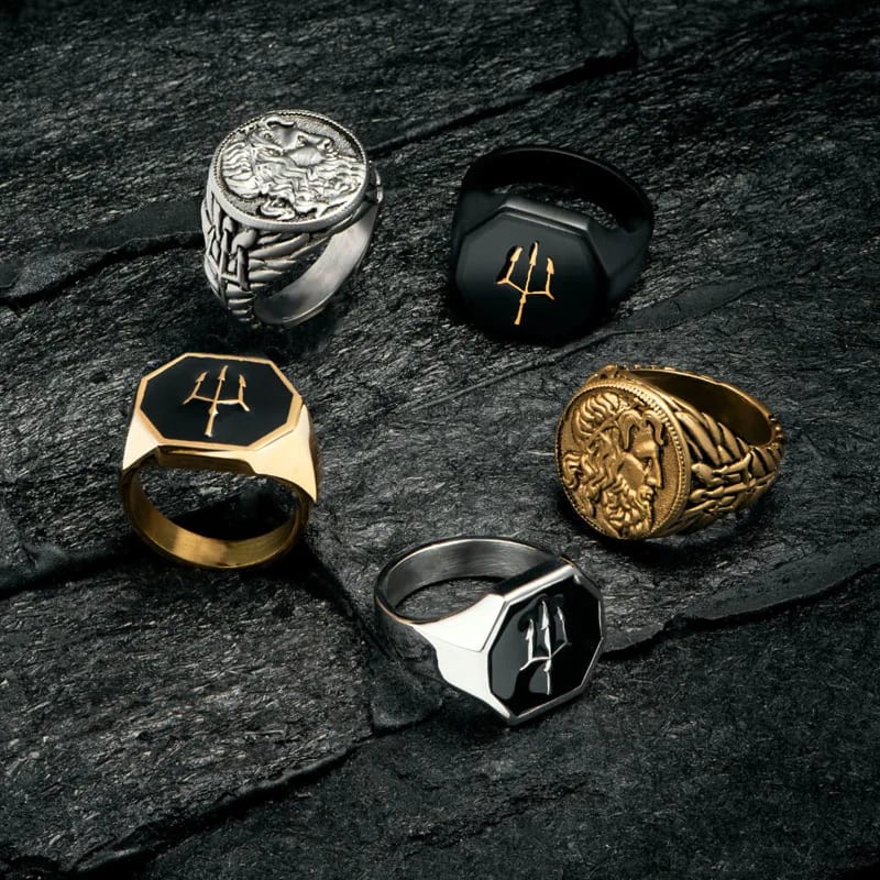 High Quality Fashion Jewelry Men Trident Ring Custom Gold Plated Stainless Steel Signet Ring Rings