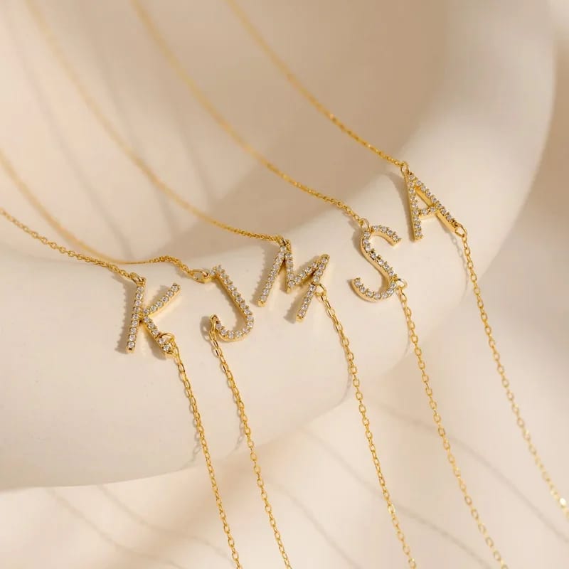 Personalize Custom 925 Sterling Silver 18k Gold Plated Mini Pave Diamond Sideways Initial Necklace Necklaces