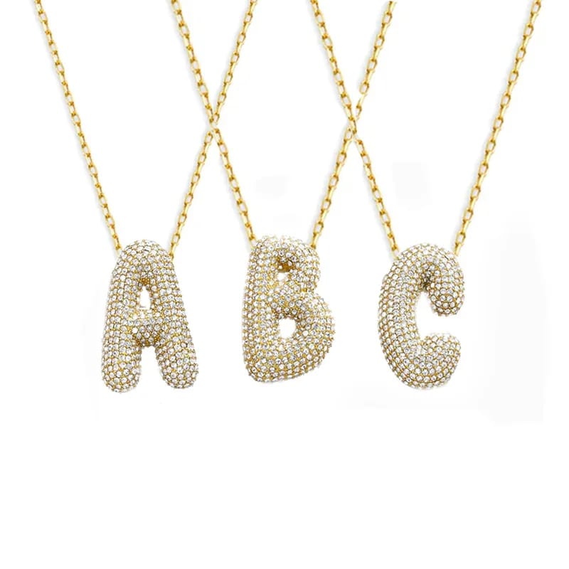 Wholesale 18k Gold Plated Cz Pave Bubble Initial Pendant Necklace Trendy Chunky Puff Balloon A-z 26 Alphabet Letter Necklace Necklaces