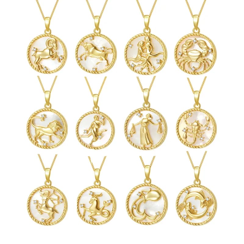 Custom 925 Sterling Silver 18k Gold Plated Mother Of Pearl Jewelry Zodiac Sign Necklace 12 Constellations Jewelry Necklaces