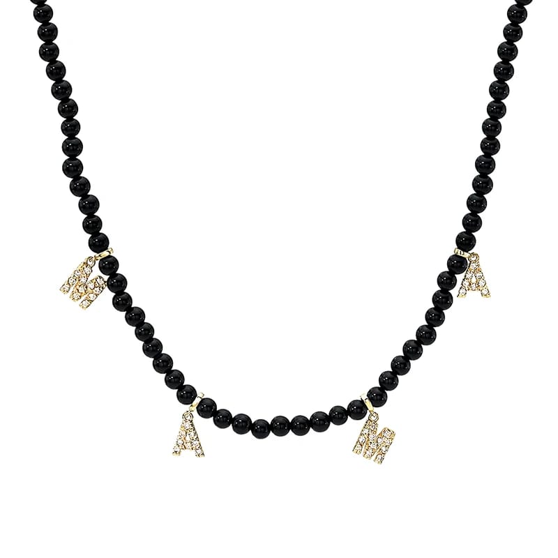 New Arrivals Black Onyx Beaded Letter Name Mama Charm Pendant Necklace For Women Necklaces