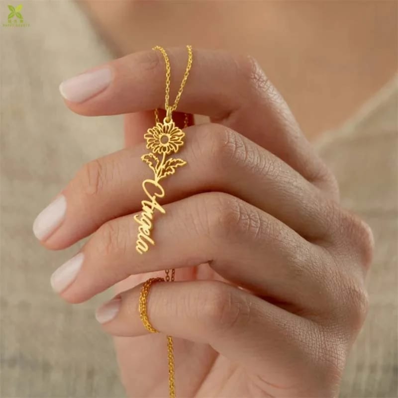 New Custom Stainless Steel Gold Plated Floral Meaningful Birth Flower Name Pendant Necklace Necklaces