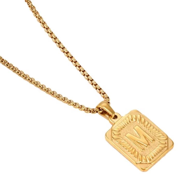 High Quality Stainless Steel Initial Personalized Square Rectangle Engraved Letter Pendant Necklace Necklaces
