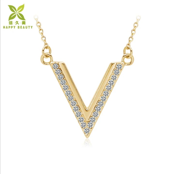 16.5inch V Letter Alphabet Shape Pave Setting Zirconia Stone Pendant Necklace Jewelry Necklaces