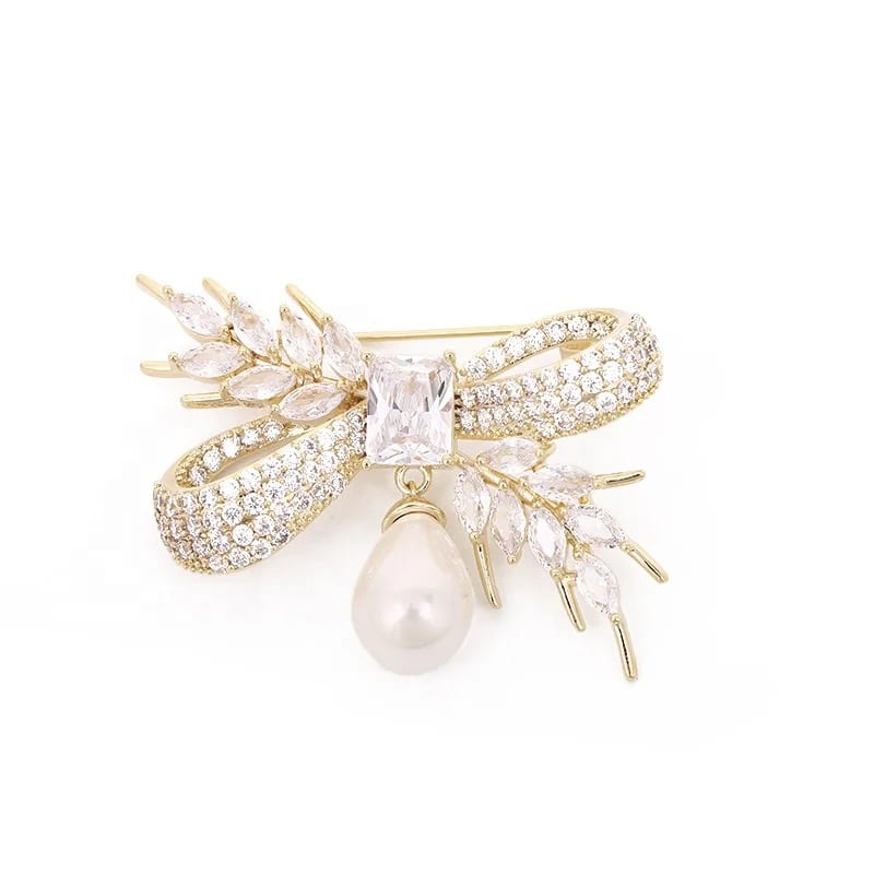 SXS JEWELRY Fashion Brass Metal Small Zircon Oval Pearl Personalized Bow Knot Brooch Pin For Ladies Brooches