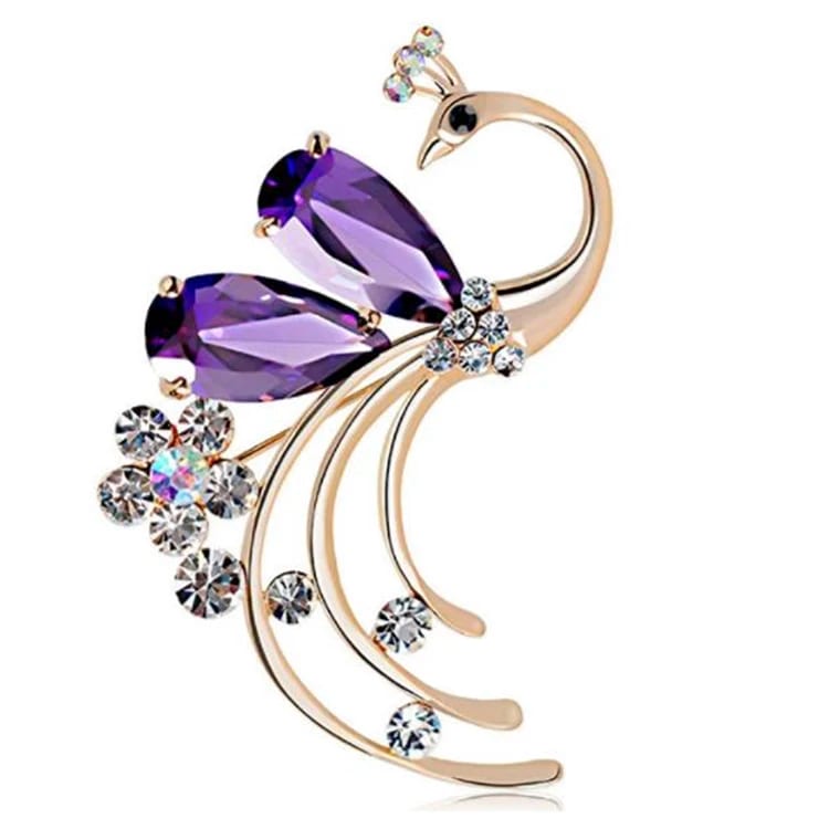 Fashion Saree Cc Channel Violet Rhinestone Peacock Brooch With 925 Sterling Silver Brooches