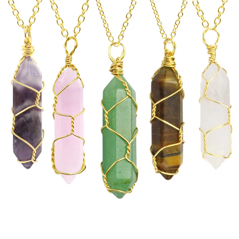 Hot Selling Natural Stone Crystal Necklace Bullet Shape Rose Quartz Necklace Wrapped Wire Hexagon Healing Crystal Necklace In Stock