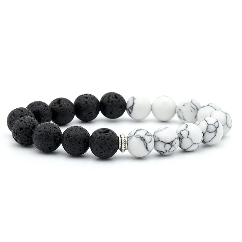New Handmade Beaded High Elastic Black And White Couples Natural Volcanic Stone Bracelet 8mm In Stock