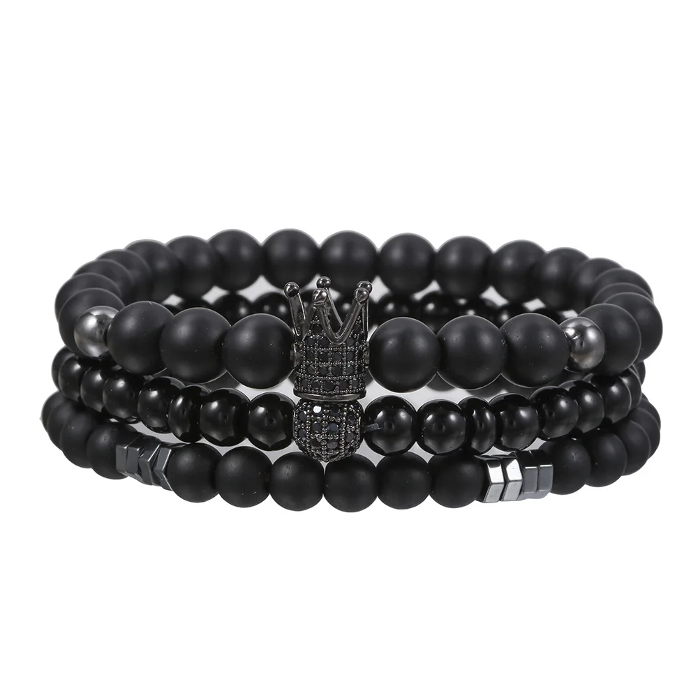 Trendy Bracelet Set 3 Pcs/set Beaded Bracelets Men Lava Stone Black Hematite Beads Chain Zirconia Men Crown Bracelet In Stock
