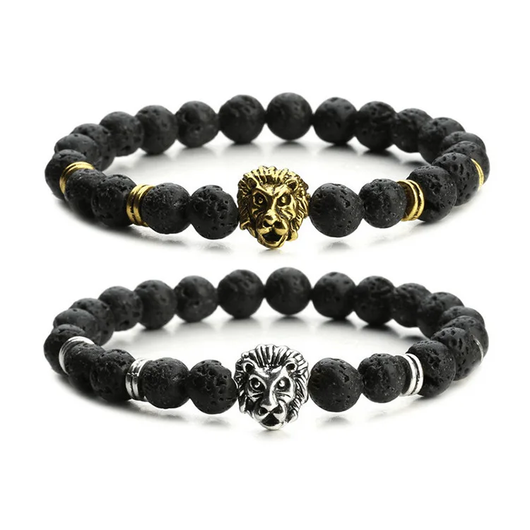 Natural Lava Beads Bracelet New Fashion Men’s Beads Volcanic Stone Jewelry Energy Lion Beaded Bracelet For Men In Stock