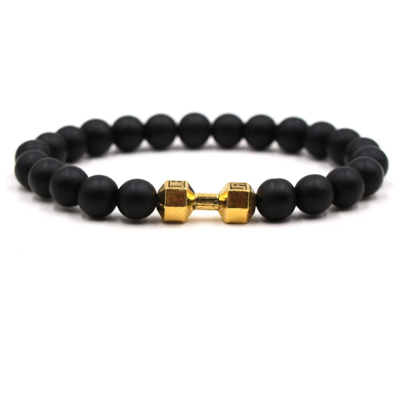 8mm Black Matte Stone Black Volcanic Stone Sports Dumbbell Bracelet For Men And Women In Stock