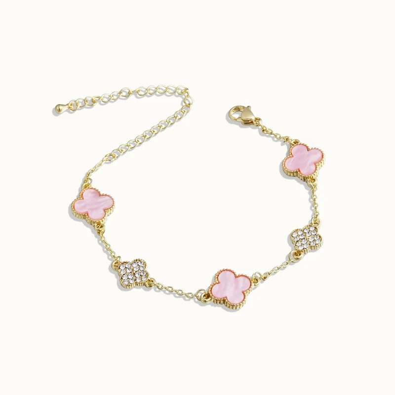 Trendy 18k Gold Plated Zircon Luxury Pink Flower Four Leaf Clover Fashion Jewelry SXS Girls Women Bracelet In Stock