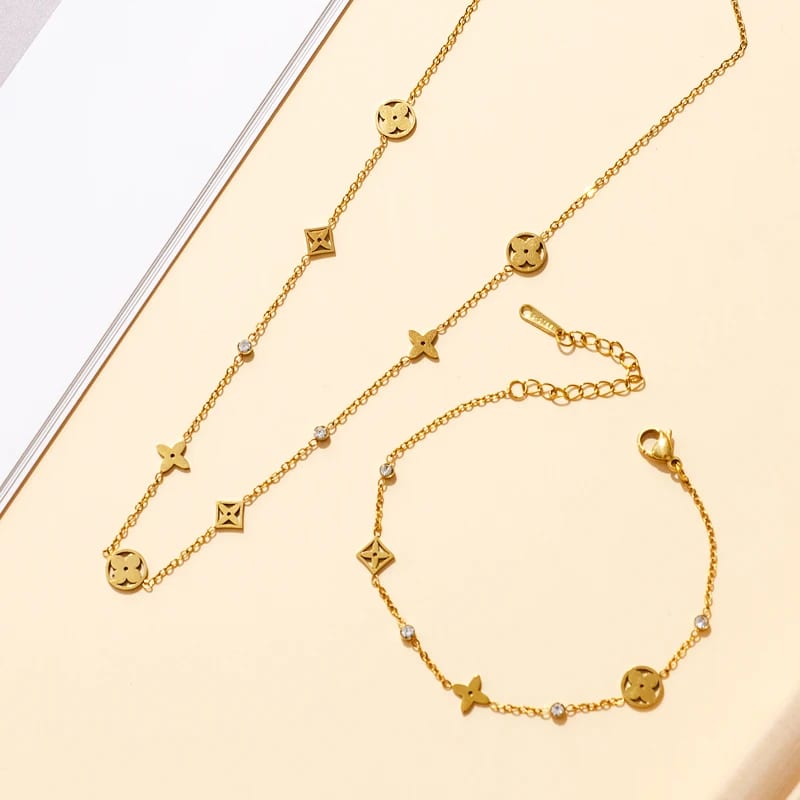 Four Leaf Clover Bracelet Necklace Set Stainless Steel For Women Fashion Jewelry Wholesale In Stock