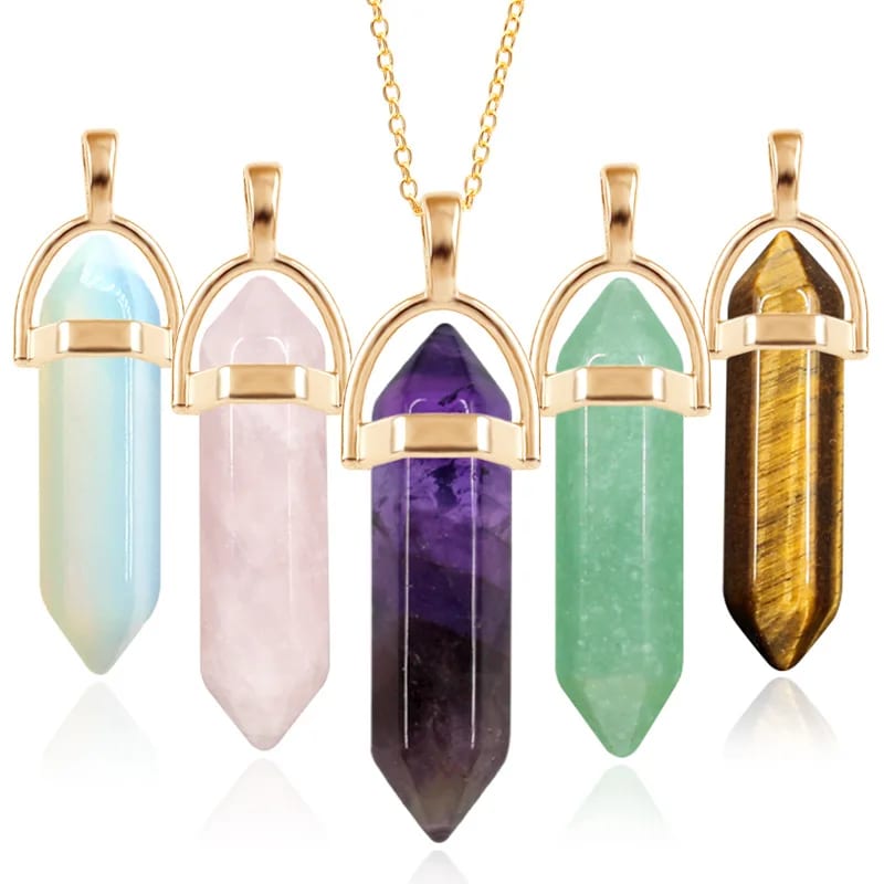 High Quality Crystal Necklace Stainless Steel Chain Chakra Pendant Bullet Shape Hexagon Natural Stone Crystal Pendant In Stock