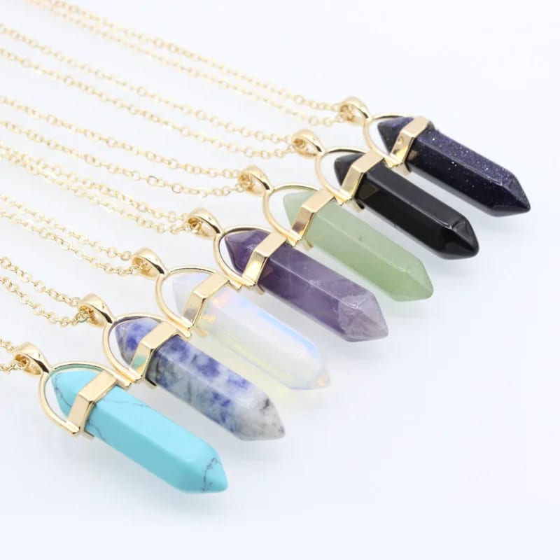 Hot Sale Minimalist Trendy Hexagonal Double Layered Crystal Multi Color Natural Stone Pendant Necklace In Stock