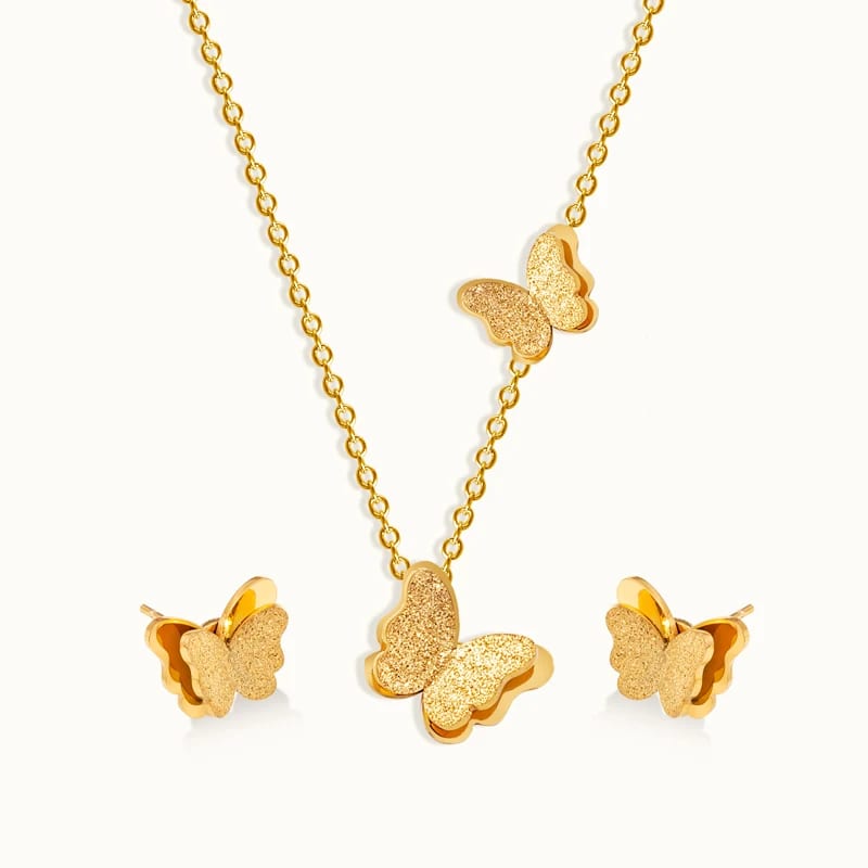 Best Selling High Quality Stainless Steel 18k Gold Plated Butterfly Earrings And Necklace Fashion Jewelry Sets For Women In Stock