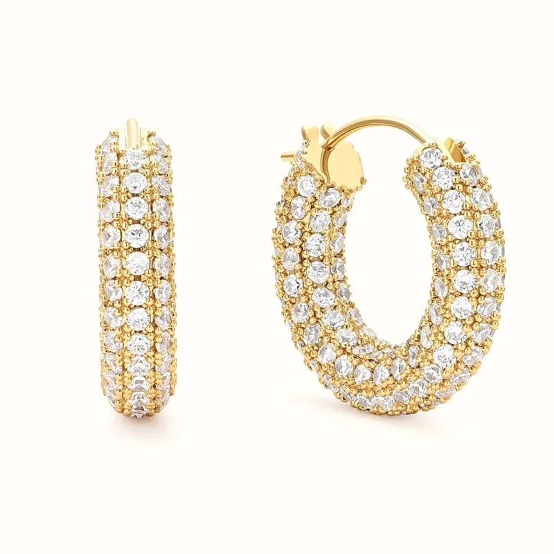 Custom 18k Gold Plated Fine Fashion Jewelry Pave Full Diamond Clear Cubic Zirconia Chunky Hoop Earrings For Women Hoop Earrings