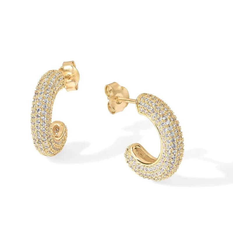 Wholesale Fashion 14k Gold Plated Brass Jewelry Dainty Pave Cubic Zirconia C-shape Chunky Hoop Earrings For Women Hoop Earrings