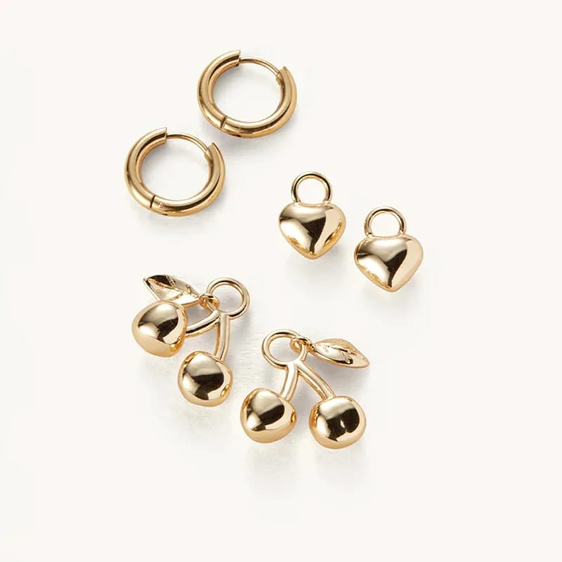 New Latest Design 14k Gold Plated Brass Puffy Heart And Cherry Charm Huggie Earrings Huggie Earrings