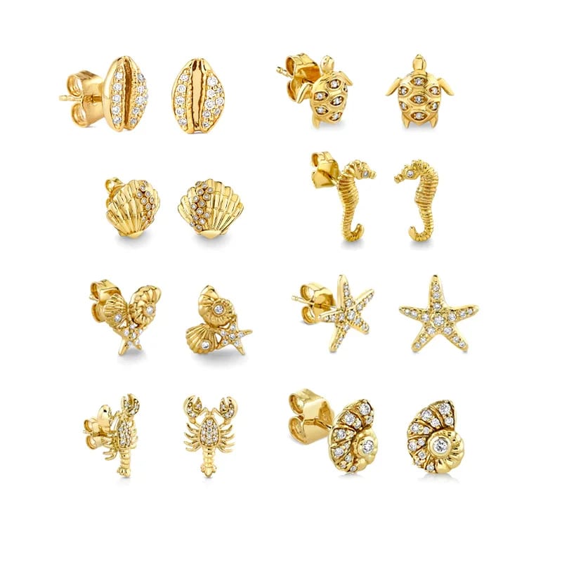 New Design Ocean Theme Jewelry 925 Silver 18k Gold Plated Diamond Starfish Seahorse Conch Cowrie Shell Lobster Stud Earrings Stud Earrings