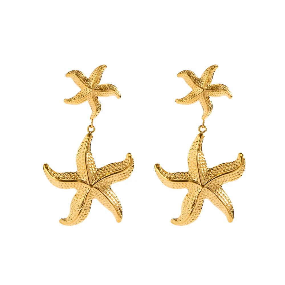 Beach Jewelry New 18k Gold Plated Stainless Steel Double Sea Star Pendant Earrings Waterproof Tarnish Free Jewelry Drop Earrings