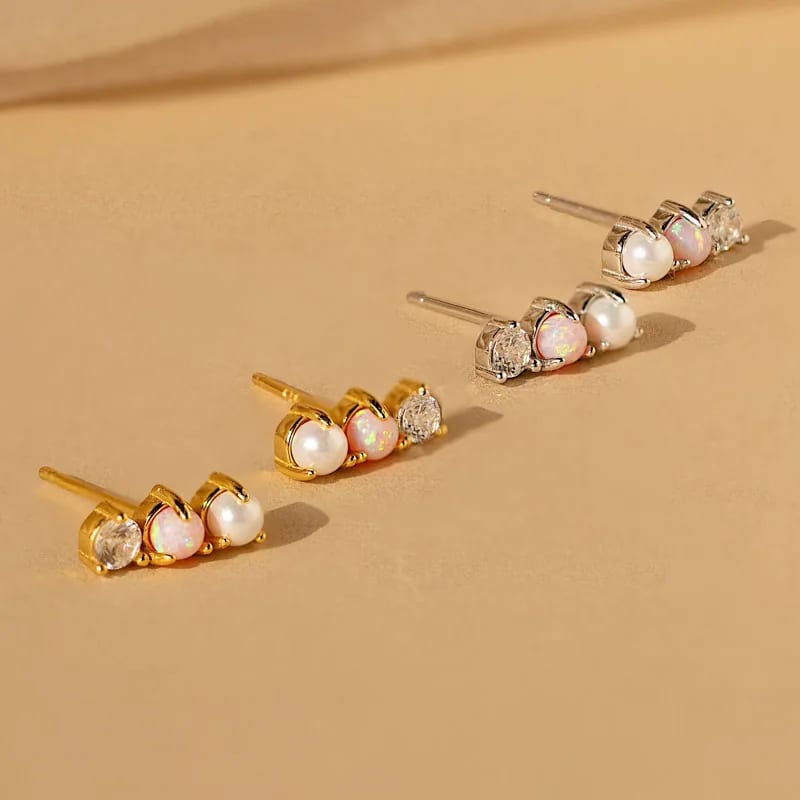 Fashion Delicate Jewelry 925 Sterling Silver 18k Gold Plated Pearl Opal And Diamond Stud Earrings Stud Earrings