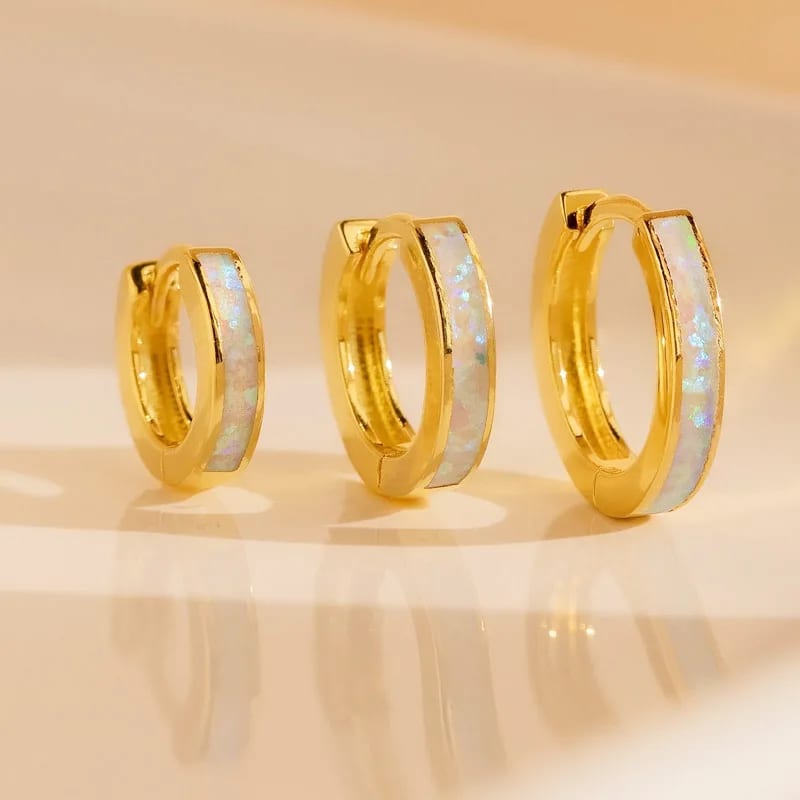 Minimalist Jewelry Dainty Bold Design 925 Sterling Silver 18k Gold Plated Gemstone White Opal Inlay Hoops Earrings Women Huggie Earrings