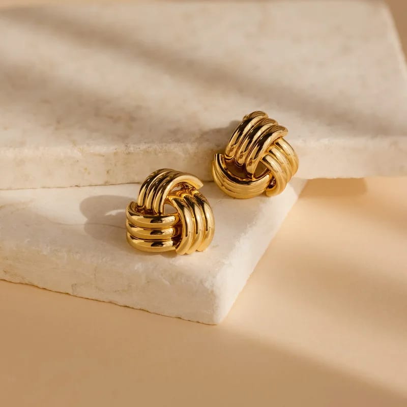 Trendy New Arrival Ribbed Texture Intertwined Rope Link Design 18k Gold Plated Brass Bold Triple Knot Stud Earrings Stud Earrings