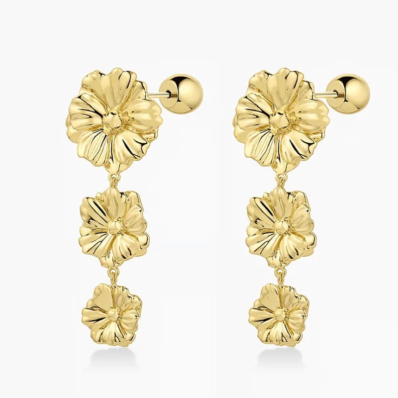 New Arrival Fashion 18k Gold Plated Elegance Three Intricate Statement Floral Drop Earrings For Women Drop Earrings