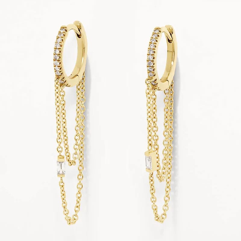New Design 18k Gold Plated Diamond Baguette Double Chain Huggie Earrings Fashion Women Hoop Earrings Huggie Earrings