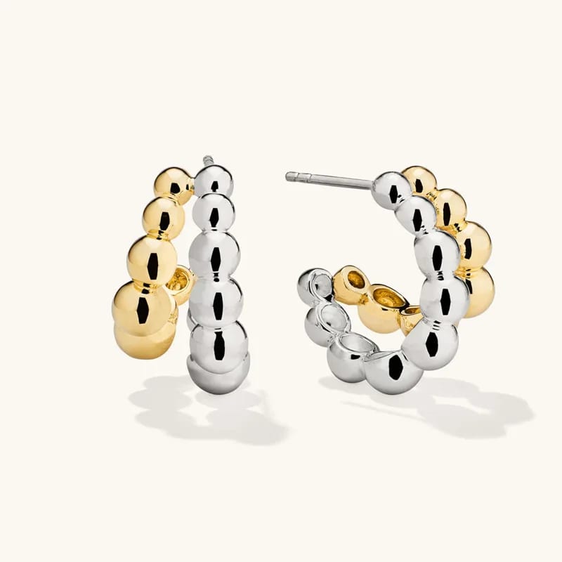 Fashion 925 Sterling Silver Bead Sphere Mixed Duo Hoops Earrings 18k Gold Plated Double Layer Hoop Earring For Women Hoop Earrings