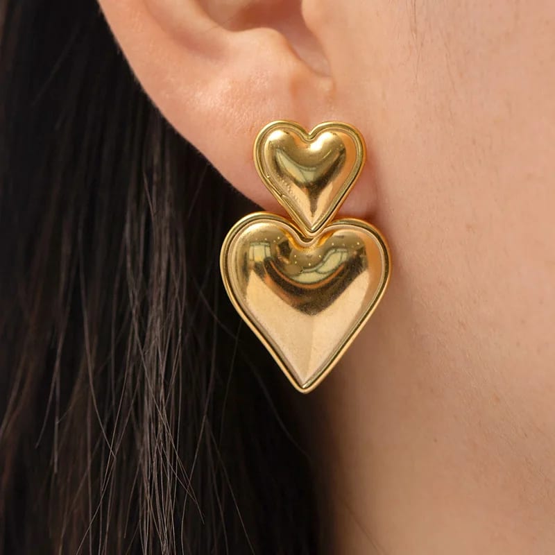 Trendy Double Heart Shaped Earring Stainless Steel 18k Gold Pvd Plated Smooth Love Heart Drop Stud Earrings Valentines Day Gift Drop Earrings