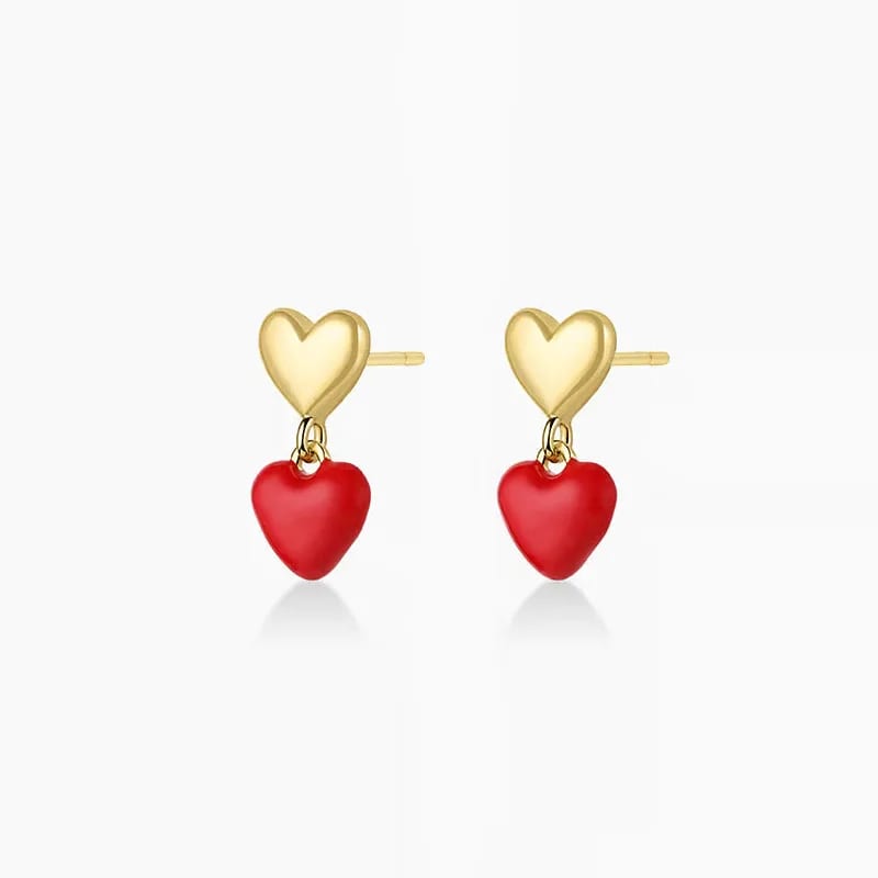 Custom Delicate Double Love Hearts Earring Stacked Gold Red Enamel Heart Dangle Drop Earrings For Women Daily Wear Drop Earrings