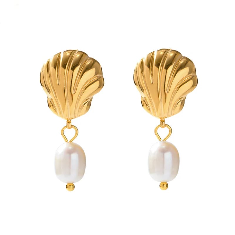 Beach Style Waterproof Jewelry Trendy 18k Gold Plated Stainless Steel Earrings Fashion Shell Freshwater Pearl Earrings Women Drop Earrings