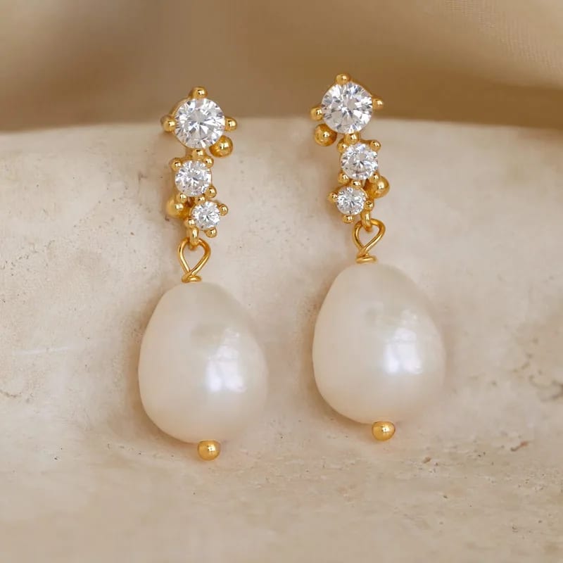 925 Sterling Silver 18k Gold Plated Trendy Fine Jewelry Sparkling Cubic Zirconia Fresh Water Pearls Dangling Drop Earrings Drop Earrings
