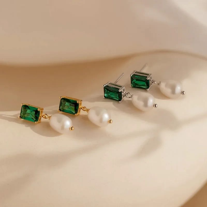 Vintage Elegant 925 Sterling Silver 18k Gold Plated Cz Emerald Baroque Pearl Drop Stud Earrings For Women Girls Fashion Jewelry Drop Earrings