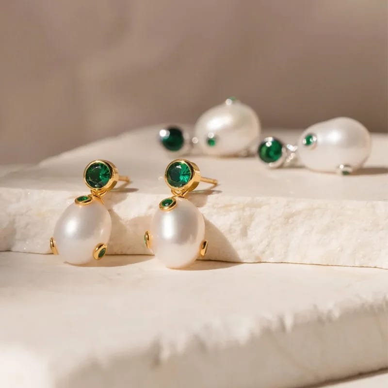 Dainty Vintage-inspired Embedded With Cz Emerald Baroque Pearl Drop Stud Earrings Trendy Jewelry For Women Drop Earrings
