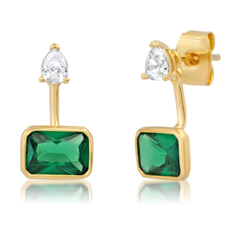 Fashion Jewelry 18k Gold Plated Double Cubic Zirconia Gemstone Ear Jackets Stud Earrings Stud Earrings