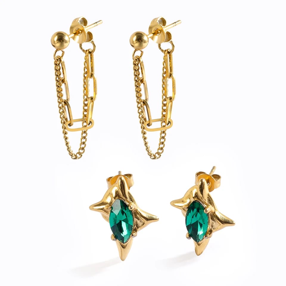 Trendy Gold Plated Stainless Steel Cuban Chain Earrings Green Crystal Stud Earrings Stud Earrings