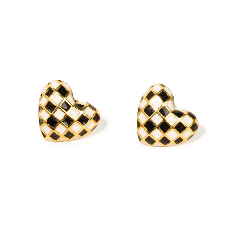 Wholesale 925 Sterling Silver Gold Plated Mosaic Black And White Enamel Checkerboard Heart Stud Earrings Stud Earrings