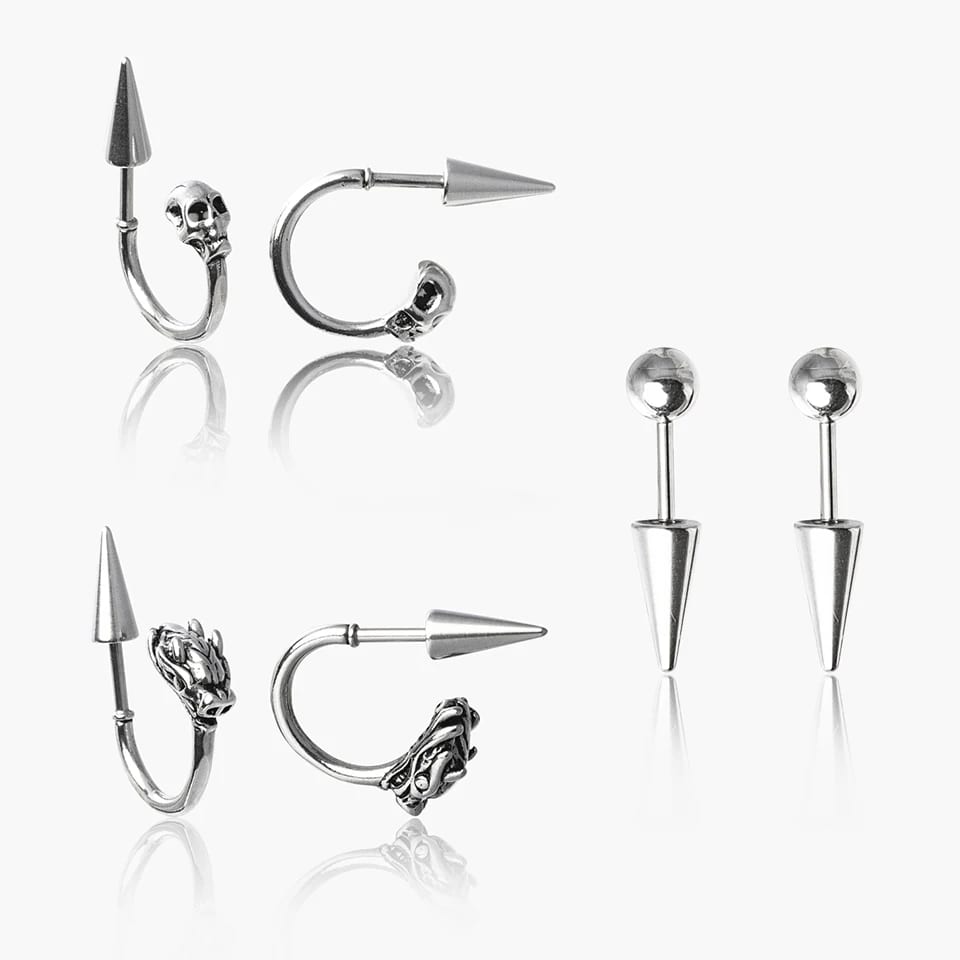 Retro Hip Hop Fashion Stainless Steel Earrings Spike Skull Cool Punk Devil Horseshoe Unisex Ear Lobe Cartilage Body Piercing Jew Stud Earrings
