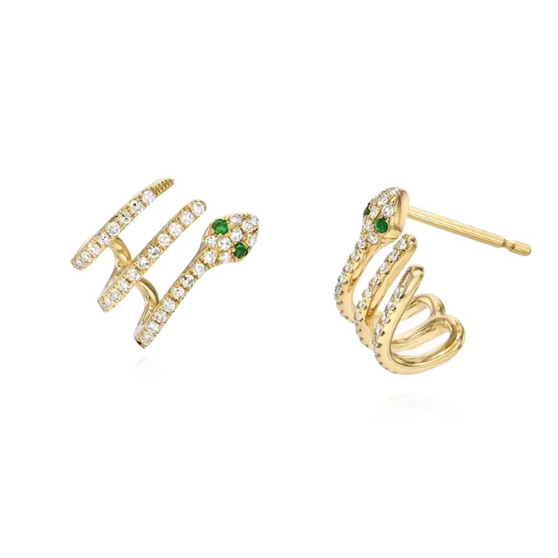 Modern And Edgy Handcrafted Pave Diamond Emerald Snake Triple Spiral Stud Earrings For Women Stud Earrings